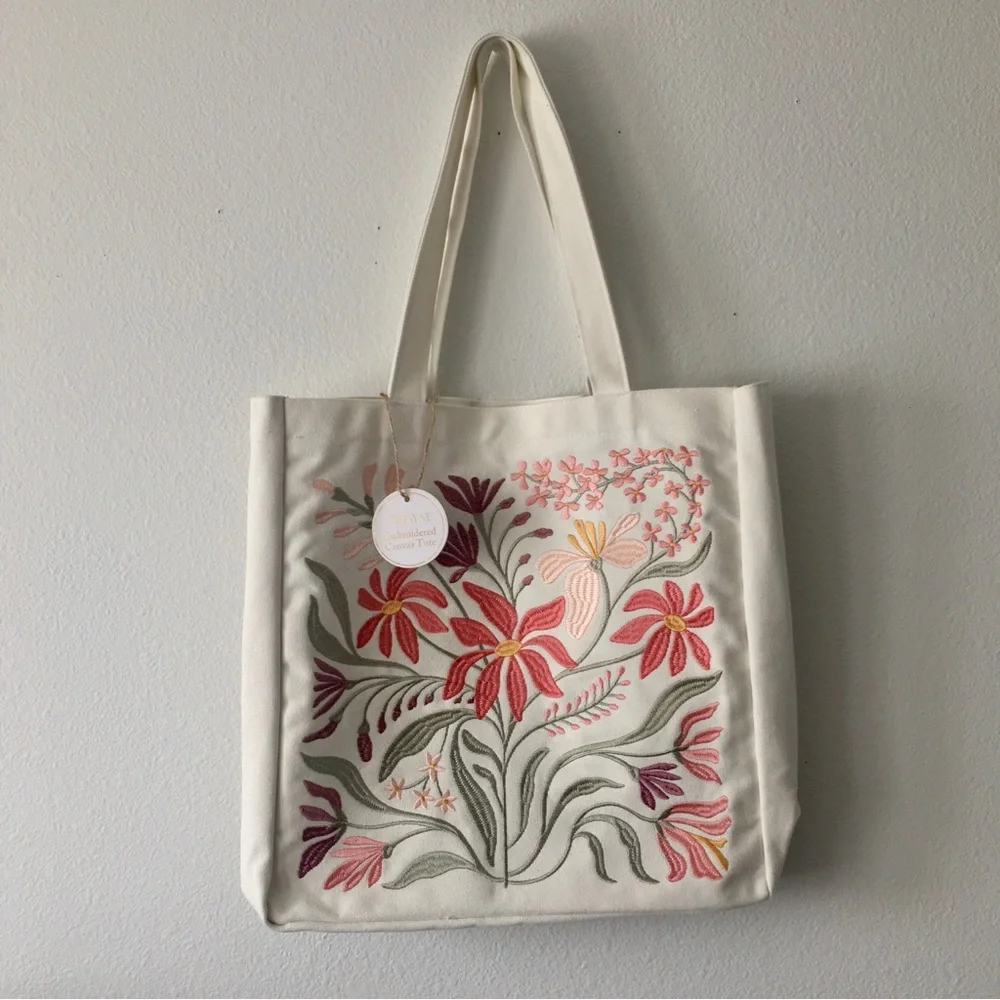 Floral Embroidered Canvas Tote Shoulder Bag by Lady Jayne